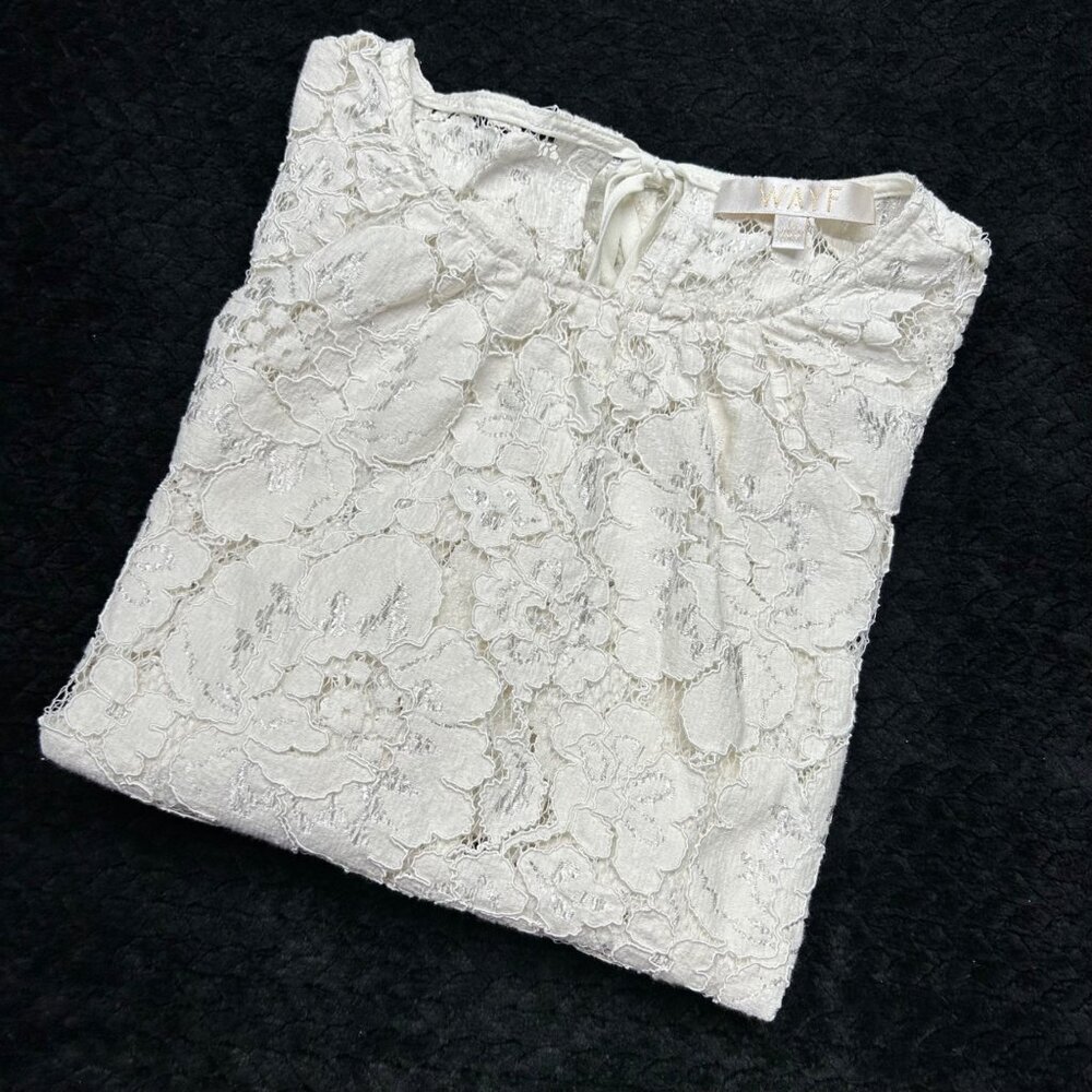 WAYF Women's Lace Puff Sleeve Top L Cream Key Hole Tie Neck - Picture 16 of 16